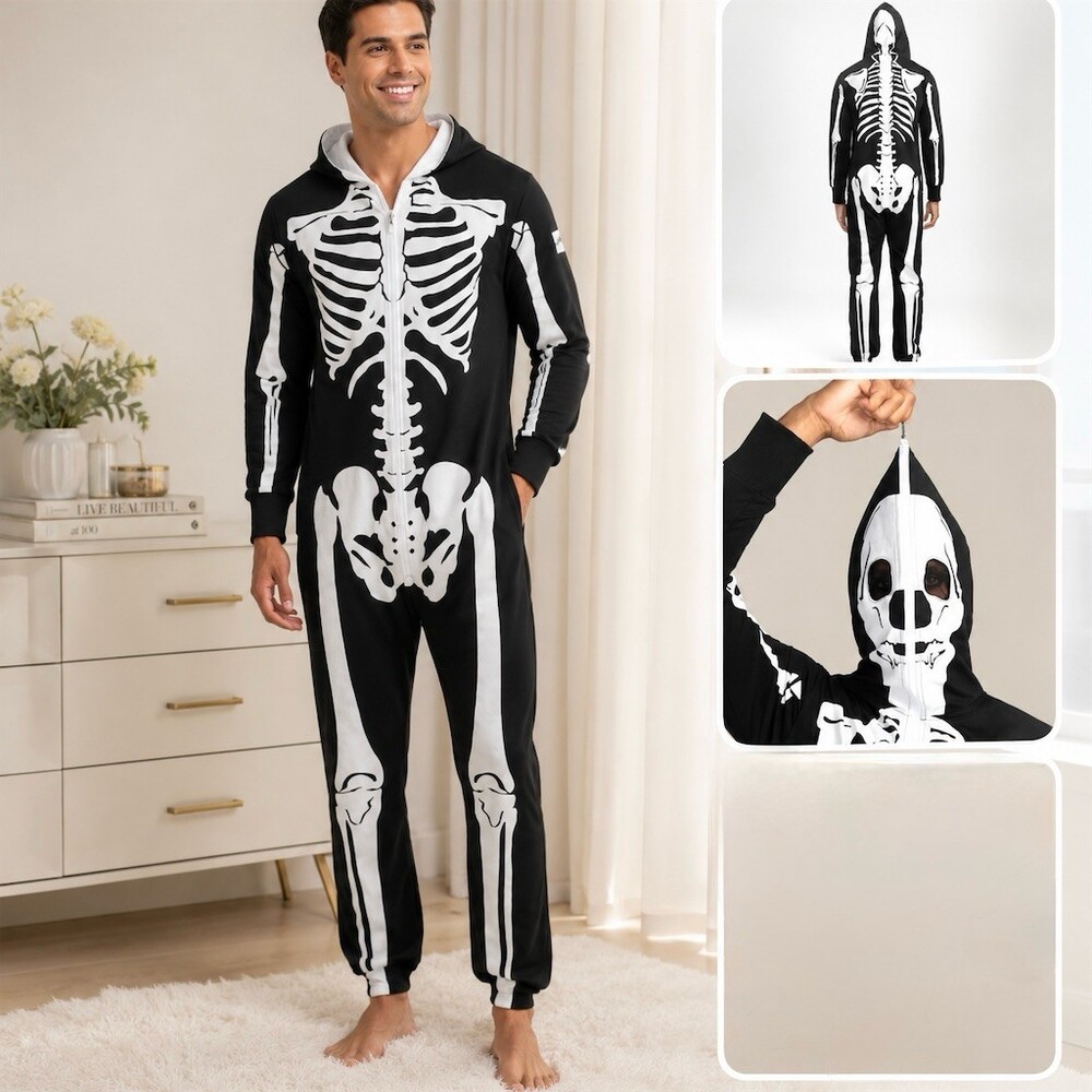 Tipsy Elves Men's Skeleton Onesie Costume Hoodie Full Zip Halloween Size XS nwt
